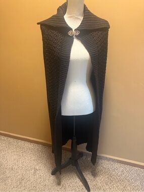 Helen Welsh brown knit cape cardigan ornate metal closure maxi length Read